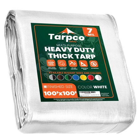 Tarpco Safety Heavy Duty Tarp, 100 ft L x 0.5 mm H x 100 ft W, 7 Mil, White, Polyethylene TS-204-100X100